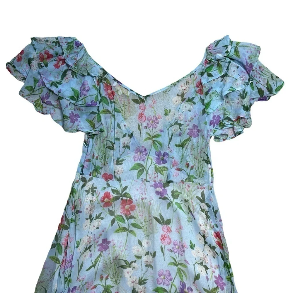 byTiMo Light Blue Floral Chiffon Ruffled Short Sleeve Maxi Dress US S - Picture 6 of 7